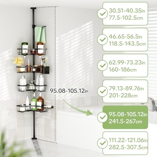Corner Shower Caddy Tension Pole, 4 Tier Rustproof Shower Tension Rod Organizer with Soap Holder & Hooks, Adjustable 30-121 Inch Bathroom Shelf for Renters - Family Stand Storage Rack, Black - Image 2