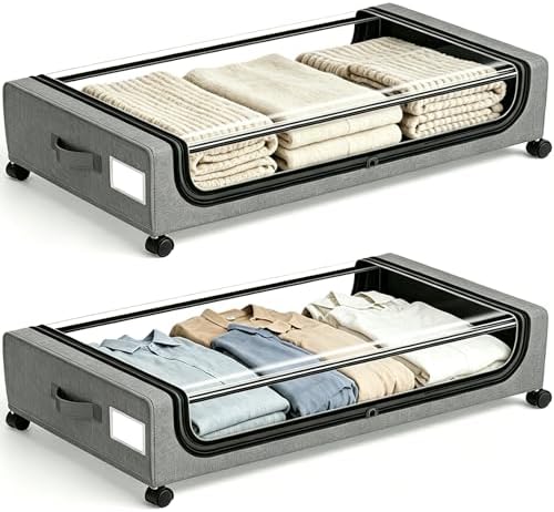 Under Bed Storage with Wheels, 2 Pack Under Bed Storage Containers, 6.7 inches Tall Underbed storage bins on Wheels, Rolling Under the Bed Metal Drawers for Clothes, Blankets, Shoes (XXL, 56L ) by Unknown