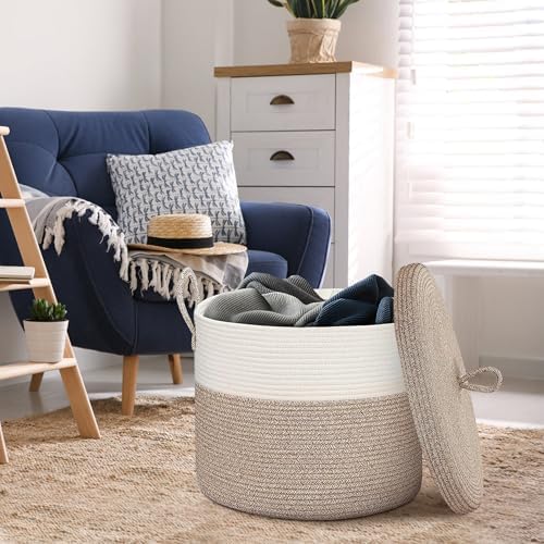 18" X18“ X 14" Large Storage Basket with Lid, Blanket Basket Living Room, Woven Cotton Rope Storage Box, Lidded Kids Dog Toy Bin, Wicker Laundry Basket, Blankets Pillows Organizer Holder - Image 5