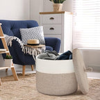 18" X18“ X 14" Large Storage Basket with Lid, Blanket Basket Living Room, Woven Cotton Rope Storage Box, Lidded Kids Dog Toy Bin, Wicker Laundry Basket, Blankets Pillows Organizer Holder - Image 5