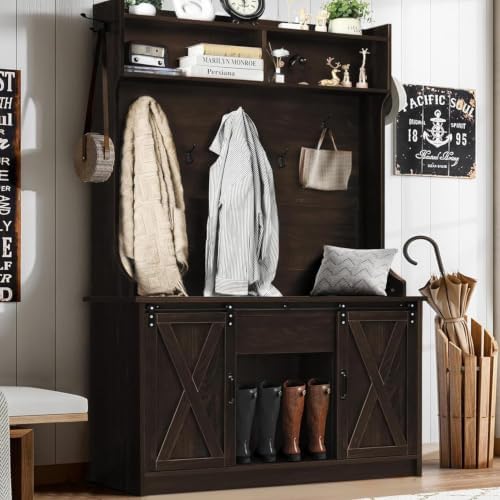 4ever2buy Farmhouse Hall Tree with Bench & Shoe Storage，Oak by 4ever2buy