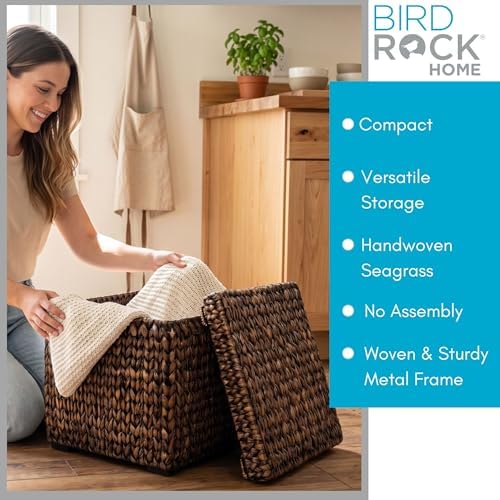 BIRDROCK HOME Large Storage Box with Lid - 18"x17" Handwoven Seagrass Storage Baskets for Home Organizing - Sturdy Metal Frame Wicker Basket with Lid for Living Room, Office & Bathroom - Image 2