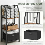CHOEZON 3-Tier Towel Rack Freestanding, Towel Rack with a Fabric Drawer, 2 M-Shaped Metal Dividers and 4 Hooks, Bathroom Towel Storage Shelf, Towel Storage for Bathroom, Rustic Brown and Black TCJ29BF - Image 4
