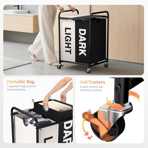 120L Laundry Sorter 2 Section, Rolling Laundry Basket with Wheels ＆ Lid - Image 4