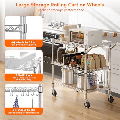 NTE 3 Tier Heavy Duty Rolling Utility Cart on Wheels, 990Lbs Capacity Rolling Wire Cart, Kitchen Carts on Wheels, NSF Commercial Metal Serving Cart with Handle and Shelf Liners for Kitchen, Restaurant - Image 5