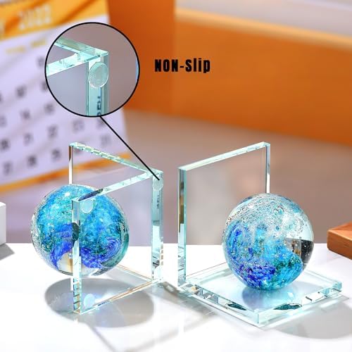 Glass Book Ends with Deep Ocean Blue Crystal Sea Wave Ball, Set of 2 - Image 4