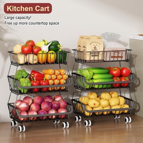 3-Tier Rolling Pantry Cart with Wheels, Stackable Wire Storage Floor Organizer for Kitchen Pantry Snack Shelves, Fruit Basket Stand, Vegetable Storage Rack for Food Snacks Onion Potato, Black, 2 Pack - Image 7