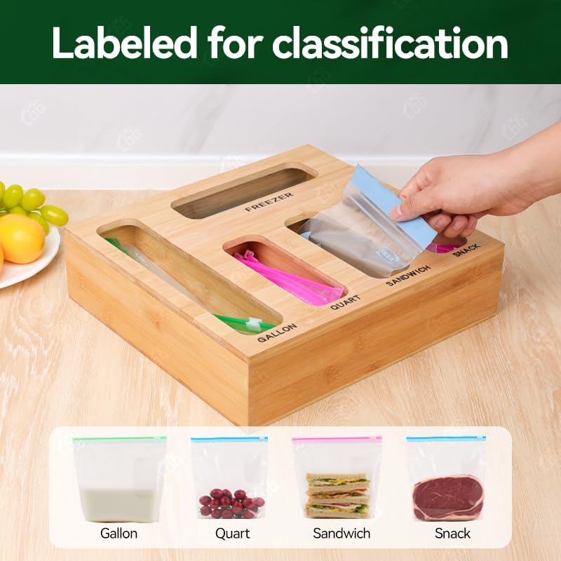 LDQ 9-in-1 Shatterproof Square Bamboo Storage Box - Aluminum Foil Dispensr with Cutter, Reusable Quarter Multi-Functional Sealed Bag Organizer for Kitchen Drawers, Walls, and Cabinetse - Image 4