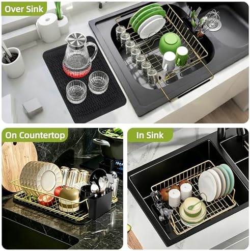 Golden Expandable Dish Drying Rack-Extra Large Stainless Steel Dish Drainer Over The Sink for Kitchen Countertop with Utensil Holder, Applicable for Sink Width 16'-22' (Gold,23.2'*12.2') - Image 4