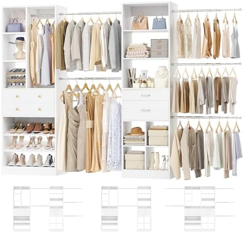 Besiost Closet System, Up to 128.6"/10.7 FT Closet Organizer with 4 Wooden Drawers and Shelves, Walk-in Closet System with 6 Hanging Rods, Built-in Closet Can Fit 96"/8FT, 120"/10FT, White Set 2 by Besiost