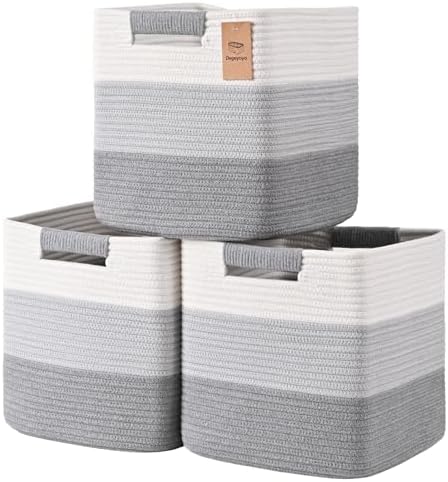 12 Inch Storage Cubes, 3 Pack Cube Storage Bins for Organizing, Cotton Rope Woven Baskets for Shelves, Bathroom, Kids Room, Closets, Baby Nursery by Degeyoyo