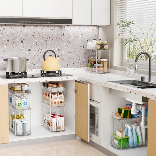 2 Pack 3 Tier Large Pull Out Bathroom Organizers and Storage,13.8″ Deep Sliding Kitchen Under Sink Organizer for Cleaning Products Storage,Acrylic Clear Bathroom inder Sink Organizer,Undersink Storage - Image 3