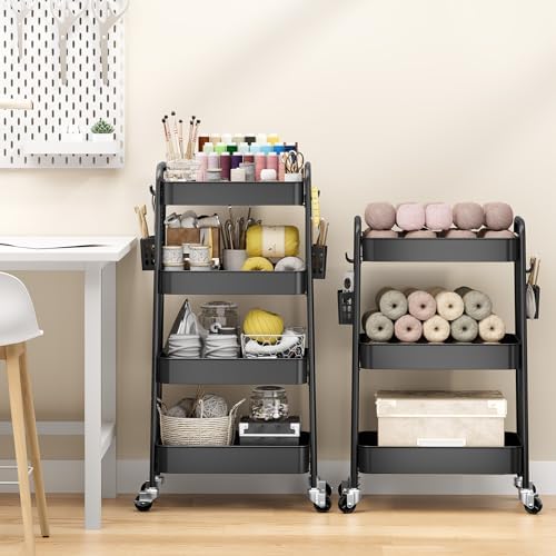TOOLF 4 Tier Rolling Cart, Metal Utility Storage Cart with Pegboard, Black - Image 2
