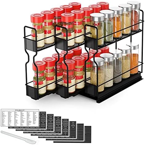 SpaceAid Pull Out Spice Rack Organizer, Heavy Duty Slide Out Seasoning Kitchen Organizer, Cabinet Organizer, with Labels, 7.7" W x10.75 D x10 H, 3 Drawers 2-Tier by SpaceAid