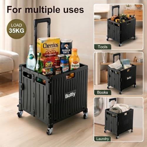 Folding Utility Cart Portable Rolling Crate Handcart Shopping Trolley Collapsible Tool Box, with Lid, Basket on 4 Rotating Wheels, for Grocery, Garden, Office, Storage, Teacher, Tool (Black) - Image 4