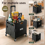 Folding Utility Cart Portable Rolling Crate Handcart Shopping Trolley Collapsible Tool Box, with Lid, Basket on 4 Rotating Wheels, for Grocery, Garden, Office, Storage, Teacher, Tool (Black) - Image 4