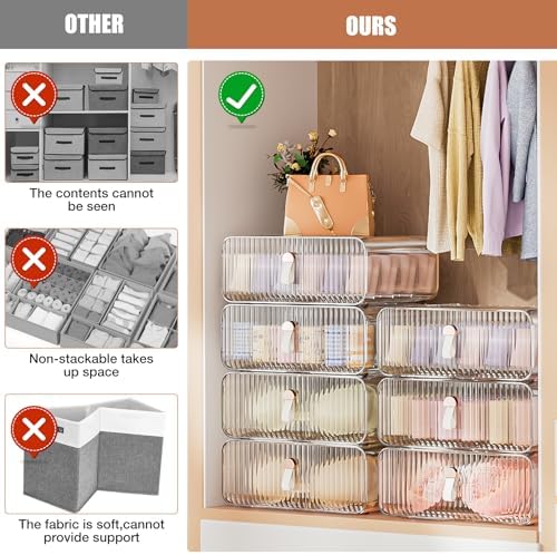 Sock Underwear Drawer Organizer - 24 Compartment Clear Acrylic Storage Bins with Removable Dividers for Closet, Stackable Dresser Drawer Box for No-Mess Socks, Tiers, Baby Clothes, Belt, Tea Bag - Image 4