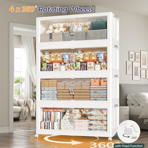 120GAL (480QT) Collapsible Plastic Storage Bins with Lid & Wheels, Extra Large Stackable Closet Organizers Storage Boxes, Folding Cabinet for Home Kitchen Office, 4Pack White - Image 5