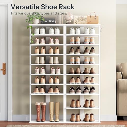HOOBRO 10 Tiers Vertical Shoe Rack, Wooden Shoe Storage Organizer with Hooks, Narrow Shoe Tower for 20 Pairs, Space Saving, for Entryway, Living Room, Bedroom, White WT140XJ01 - Image 4