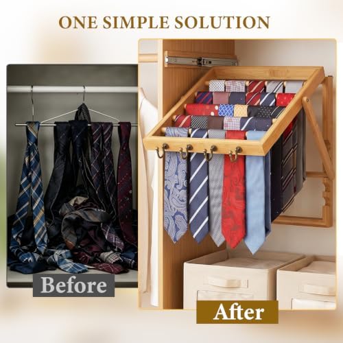 Wooden Tie Rack Wall Mounted - Scarf Organizer Holds 50 Ties with 4 Belt Hooks, Easy Installation, Design for Men and Women Closet - Image 6