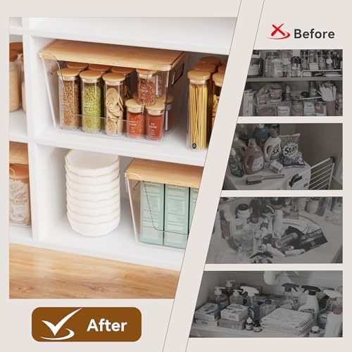Criusia 2 Large and 2 Small Pantry Organizers and Storage with Bamboo Lids, Stackable Clear Bins for Onion, Potato, Fruit, Vegetables, Trash Bag Dispenser, Kitchen and Under Sink Organizer - Image 7