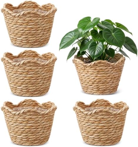 4 Pack Seagrass Woven Plant Basket with Waterproof Plastic Liner, Wicker Straw Storage Basket for Indoor Outdoor Plants, Laundry Organizer (6.3" x 5.51" x 5.12") by Kritkin