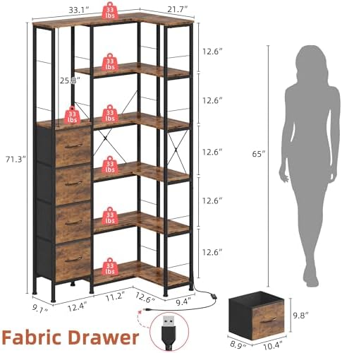 AFLUI 6-Tier Corner Bookshelf with LED and 4 Fabric Drawers - Image 2