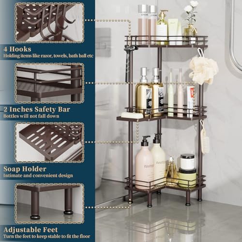 Consumest Corner Shower Caddy Standing - 3-Tier Stainless Steel Shower Organizer with Soap Holder and 4 Hooks, Large Capacity Corner Shelf Stand for Bathroom, Rest Room, Bronze - Image 3