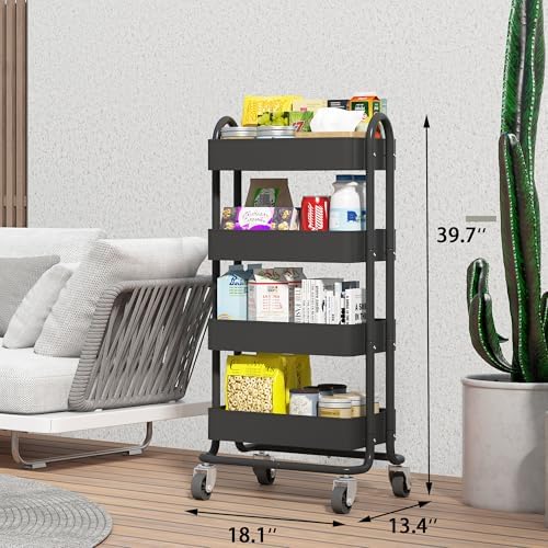 4-Tier Metal Rolling Cart with Wheels,4 Tier Utility Cart with Wheels for Office,Home,Kitchen,Garden（13.4"x18.1"x40"） Black - Image 2
