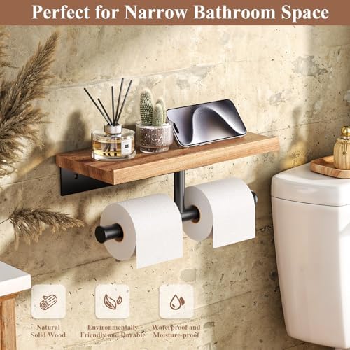 Tindbea Double Toilet Paper Holder with Wood Shelf, Wooden Wall Mount Toilet Paper Roll Holder, Matte Black Stainless Steel Bathroom Toilet Tissue Holder (Sapele, Matte Black) - Image 2