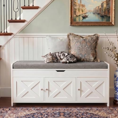 Marsail Shoe Storage Bench with Seating, Farmhouse Entryway Bench with Shoe Storage and Cushion, Under Window Benches Wooden Ottoman for Bedroom, Entry Way, Living Room, White - Image 3
