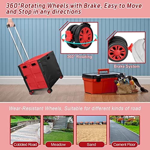 FELICON Folding Utility Cart Rolling Crate Handcart Basket Tote-Red+Black - Image 5