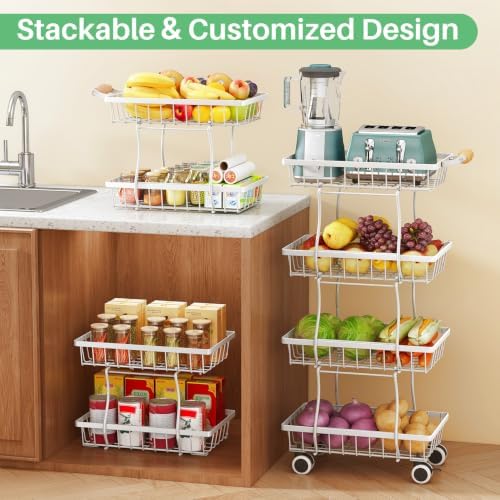 SAYZH 4-Tier Fruit Basket Stand with Vegetable Baskets for Kitchen, White - Image 3