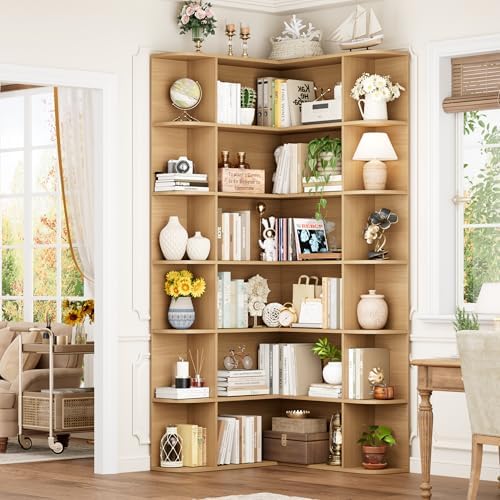 FOTOSOK 72" Tall Corner Bookshelf, 6-Tier Bookshelf and Bookcase, Natural - Image 3