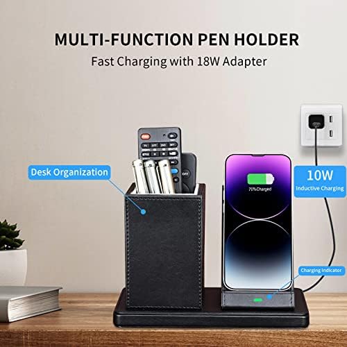 Wireless Charger with Desk Organizer, Wireless Charging Station for iPhone 13/13 Pro Max/13 Pro/12 Series/11/XS Max/XR/X/8Plus/SE 2, Wireless Charging Stand with Leather… (Black) - Image 2