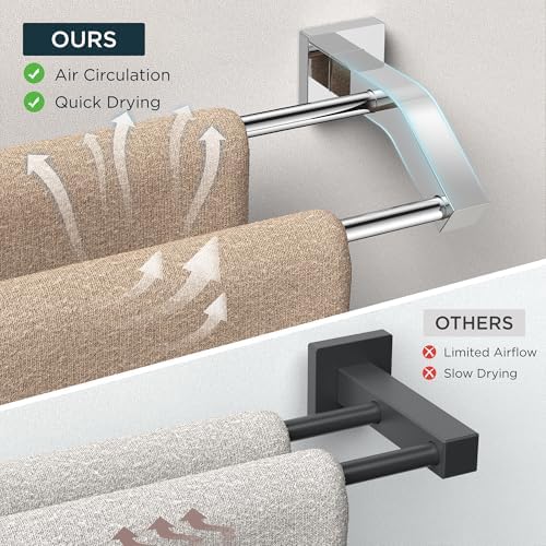 FORIOUS Double Towel Bar 24 Inch, Bathroom Towel Rack Square Chrome - Image 3