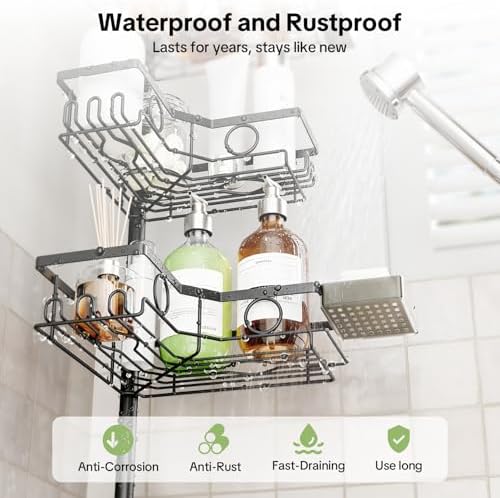 Corner Shower Caddy Tension Pole, 4 Tier Rustproof Shower Tension Rod Organizer with Soap Holder & Hooks, Adjustable 30-121 Inch Bathroom Shelf for Renters - Family Stand Storage Rack, Black - Image 3