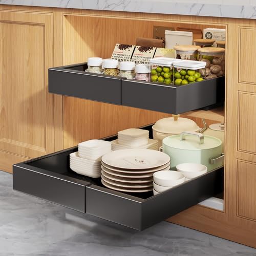 Seinloes 2 Pack Pull Out Cabinet Organizers 21" Deep With Raising Pad for Framed Cabinets, Expandable Width (9"-14") Slide Out Drawers Upgrade 3 Slide Rails, Roll Out Shelves Adhesive, Black by Seinloes