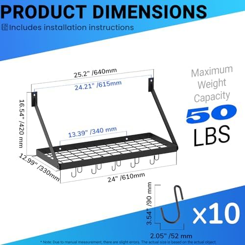 Miyili Pot Rack Square Grid Wall Mounted Kitchen Pot And Pan Organizer Shelf With 10 Hooks, 24 by 10-inch (Black), KR301B1 - Image 2
