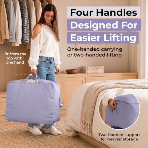 Soft Canvas Storage Bags with Zipper. Thick Breathable, 2pc King/Queen Comforter Organizer. Four Carrying Handles and Window. Large 25x19x9in Bag for Sheets Blankets Bedding Pillows, Clothes (Purple) - Image 4