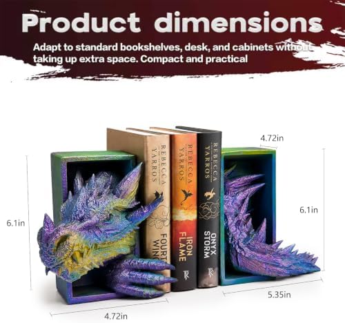 Dragon Bookends Ornaments, Gothic Fantasy Bookends, Book Lovers Unique Resin Shelf Holder Set, Functional Resin Animal Statue Sculpture Book Holder for Home Office Bookshelf（Gold） - Image 2