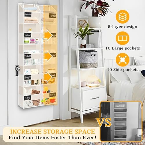 Ofiray-home Over the Door Organizer, 5-Tier Extra Large Storage with 10 Pockets and PVC Label Pouches, 80 lbs Capacity Hanging Closet Organizer, Beige - Image 3