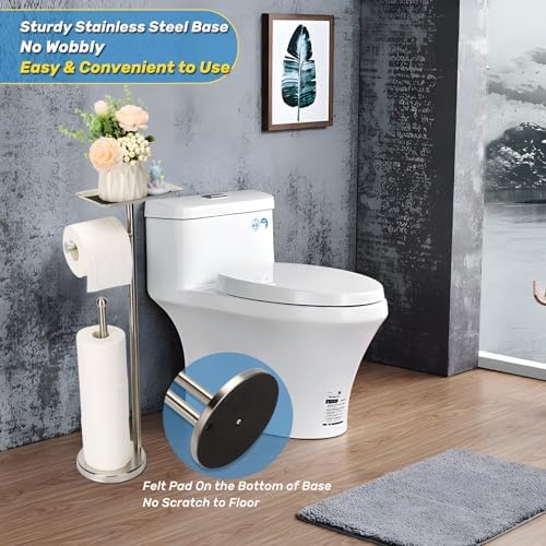 Exilon Toilet Paper Holder Stand for Bathroom Floor Freestanding Toilet Roll Dispenser Storages 4 Reserve Rolls, with Top Storage Shelf for Cell Phone (Brushed Nickel) - Image 4