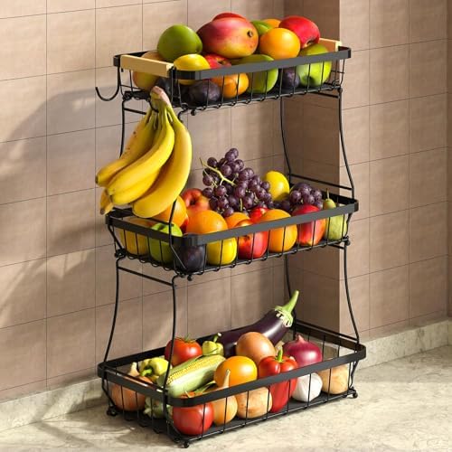 Sevenblue 3-Tier Fruit Basket with Banana Hangers, Detachable Metal Bowl by Sevenblue