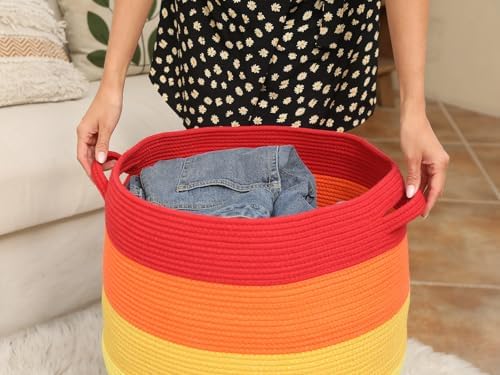26"x20" Extra Large Tall Woven Laundry Basket with Lid, Cotton Rope Blanket Storage Basket, Freestanding Decorative Bin for Bedroom Living Room, Rainbow Multicolor - Image 7