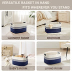 45L Small Woven Laundry Basket Hamper with Leather Handles,Navy - Image 4