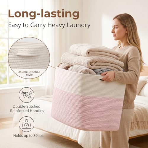 OIASKET 108L Cotton Rope Storage Basket for Living Room and Bedroom 25"x16"x16" Woven Laundry Basket, Heavy Duty Bin for Blankets, Pillows & Toys, Pet-Safe & Scratch-Free, Pink and White - Image 3