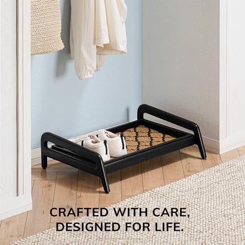 Anji Mountain Heavy Duty Waterproof Wooden Shoe Storage Mat Organizer/Boot Storage Tray Multi Use for Entryway with Coir, Tan and Black Trellis Insert, 1 Tier, Fits 2 Pair (26.5" Wide) - Image 5