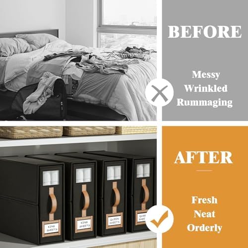 6 Pack Foldable Bed Sheets Set Organizers and Storage(King & Queen Size),Linen Fabric Closet Organizers with Window,Folding Bedding Storage Box for Bedsheets and Pillow Cube Organizer-Black - Image 2