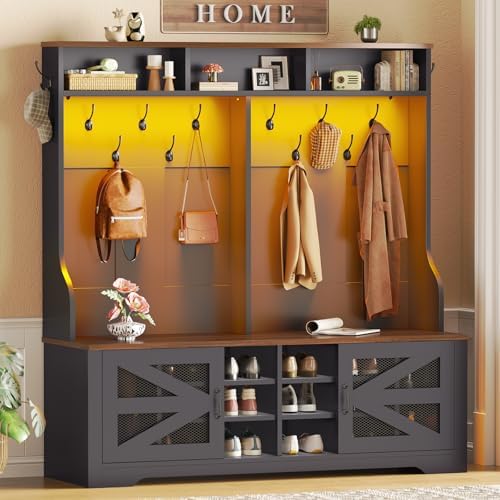 Itaar Hall Tree with Bench and Shoe Storage, 5-in-1 Entryway Bench with Coat Rack, 16 Shoe Cubbies & 12 Coat Hooks, Barn Door & Adjustable Shelf (Black) by Itaar